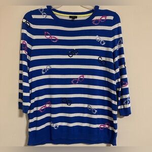 Talbots Striped Blue White Pullover Sweater Size 1X Sequin Glasses Accents
